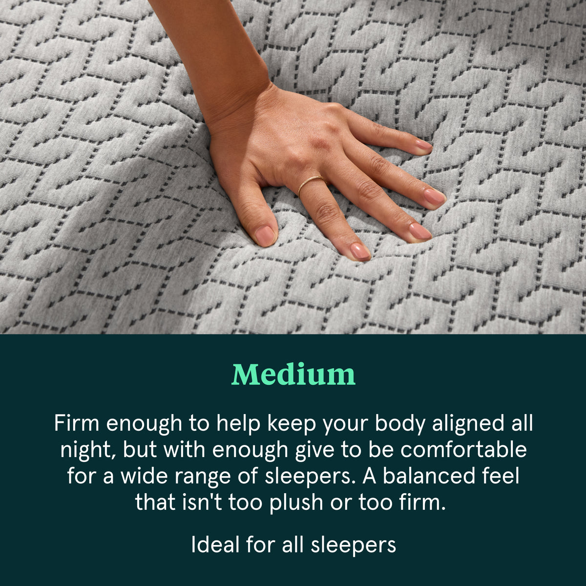 Hand on textured Tuft and needle foam mattress surface with descriptive text about mattress firmness.