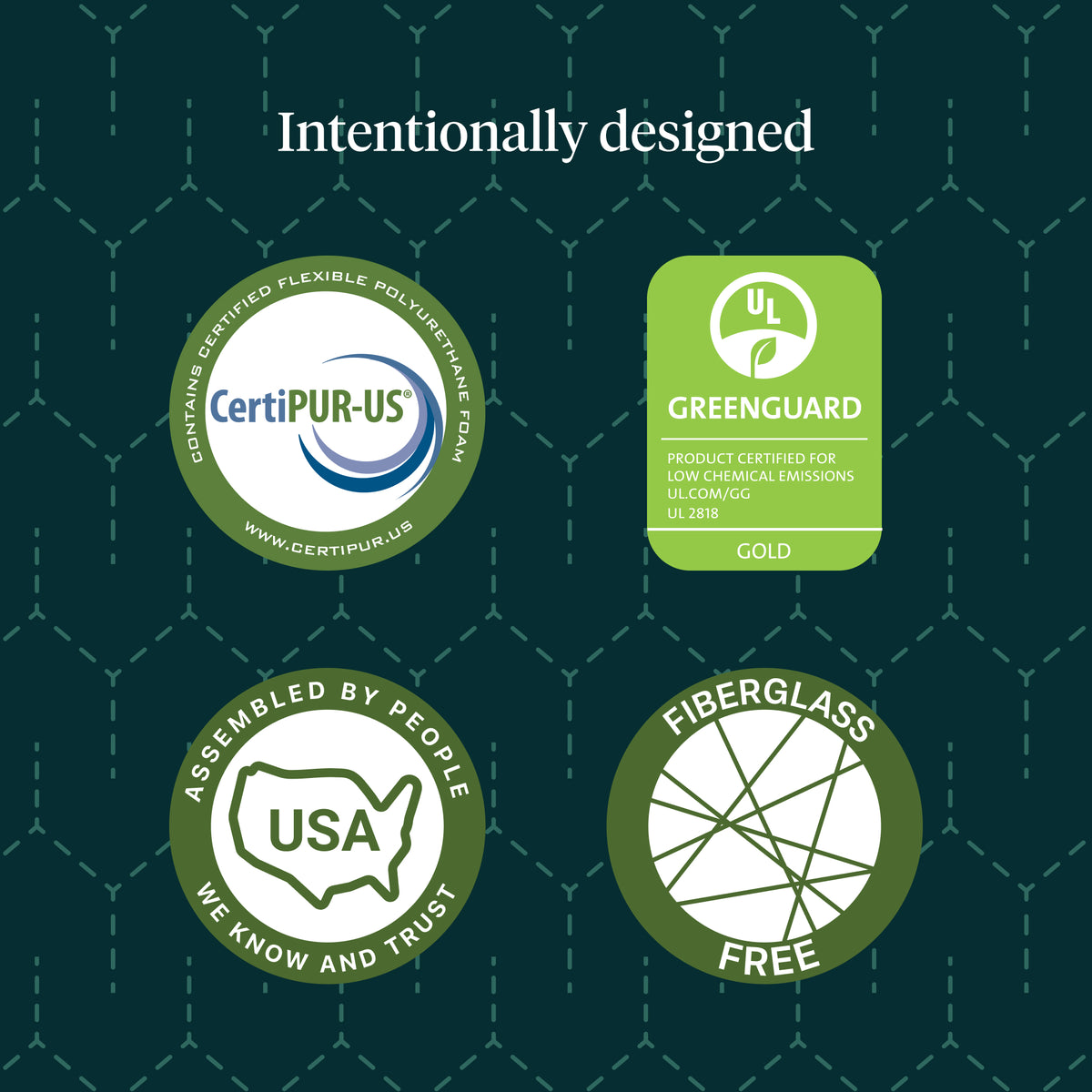 Four certification logos for the Tuft and Needle mattress on a green patterned background with the heading Intentionally designed