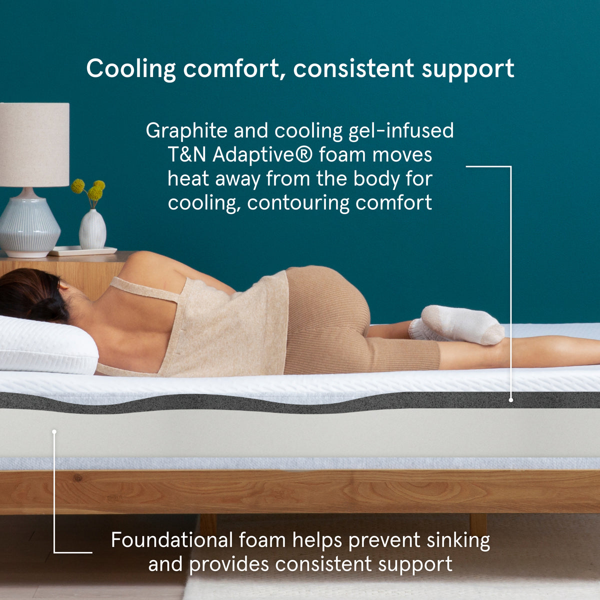 Person lying on a Tuft & Needle mattress with text about cooling comfort and support