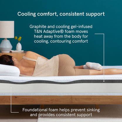 Person lying on a Tuft & Needle mattress with text about cooling comfort and support