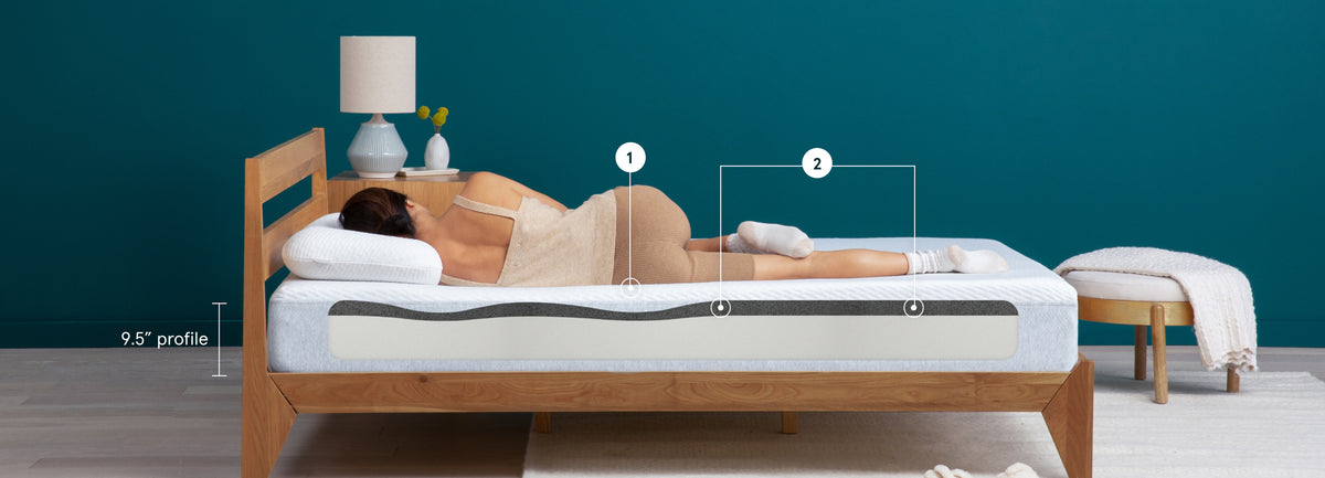 Person lying on their side on a Tuft & Needle Original mattress with layers showing, on a wooden bed frame against a green wall.