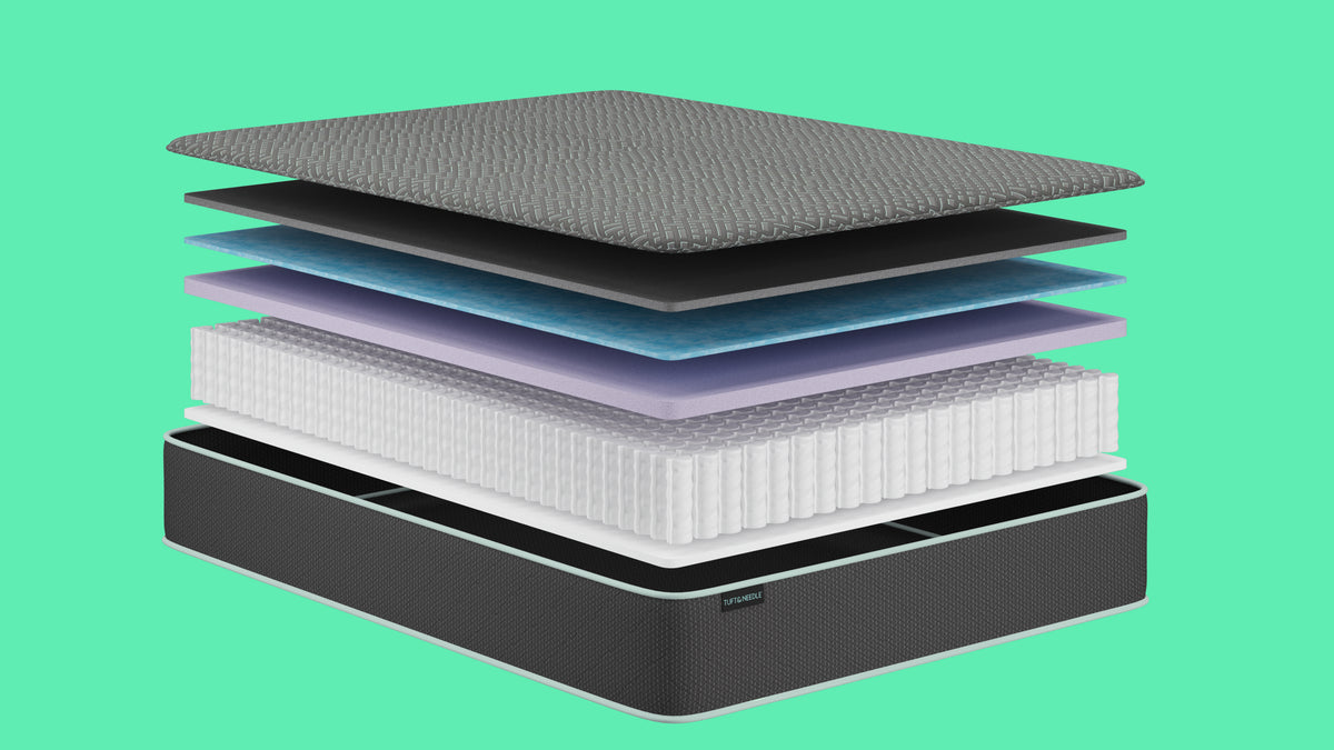 An exploded view of a Tuft and Needle Original Hybrid II mattress stack showing multiple layers, including a textured gray top layer, black and blue support layers, a white quilted section, and a dark base, set against a solid mint green background.