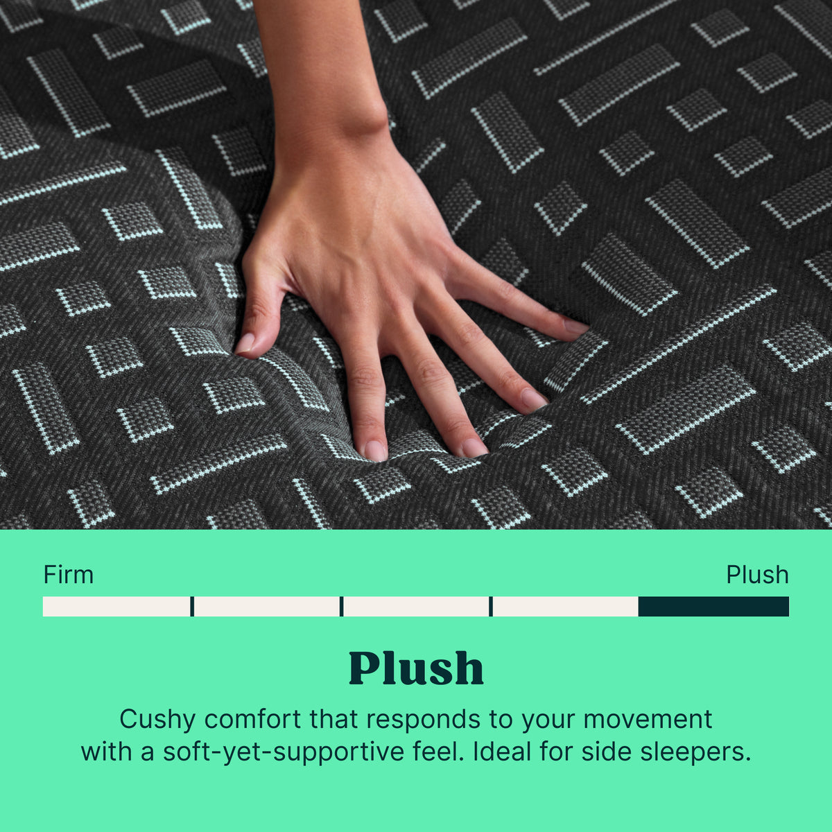A hand presses into a dark textured Tuft and Needle  mattress to show its plush, cushioned feel. The mattress has a black and white geometric pattern.