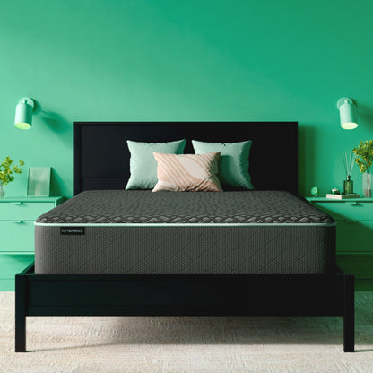 The Tuft and Needle Mint Luxe hybrid plush Mattress in a green bedroom