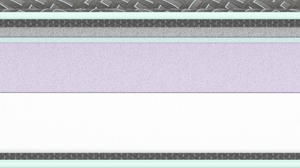 A close-up horizontal view of the Tuft and Needle Foam Mattress and the inner workings of the mattress. striped fabric or wallpaper pattern, featuring a wide lavender-purple stripe in the center, flanked by white, gray, and mint green stripes with textured borders.