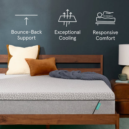 Tuft & Needle Mint Mattress sitting in a brown bedframe with 2 pillows on top of it and a brown blanket with a chart on the wall showing icons reflecting Bounce-Back Support, Exceptional Cooling and Responsive Comfort