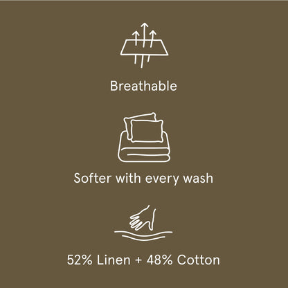 The Tuft and Needle Linen-Cotton Blend Sheet Set, one sheet spread out || color: Martini Olive
