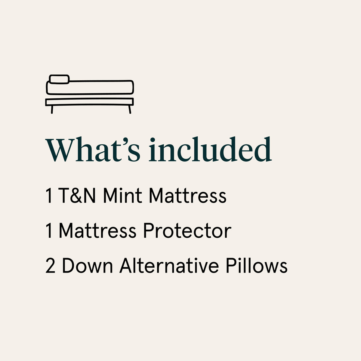 List of included items for a T&N Mint Mattress set on a beige background