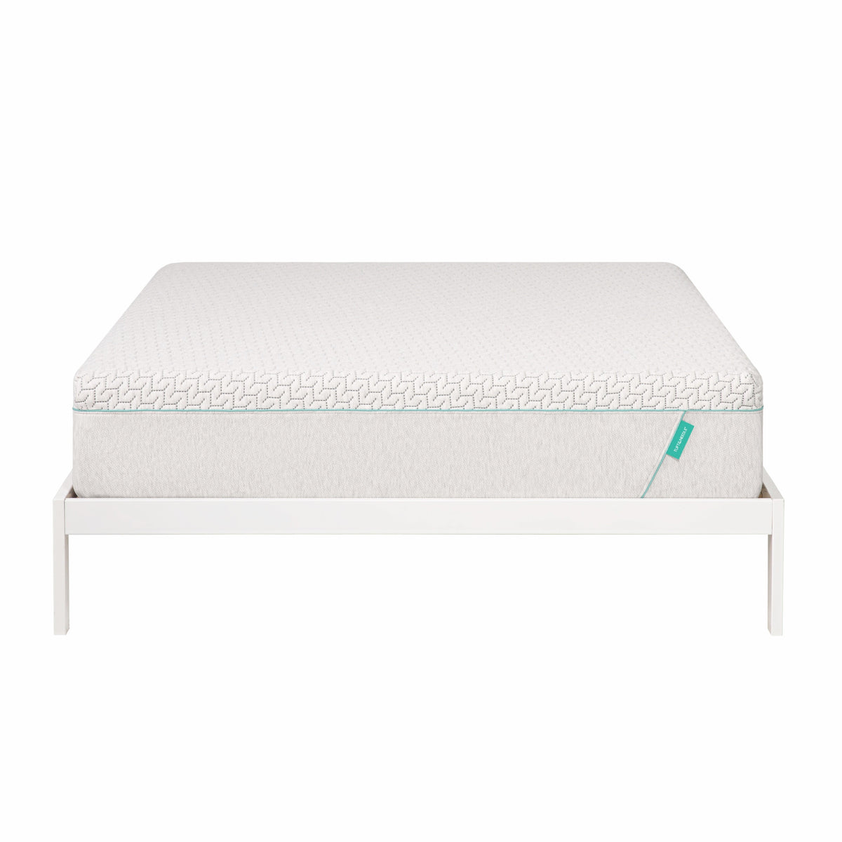 Hybrid mattress sits on white bed frame.