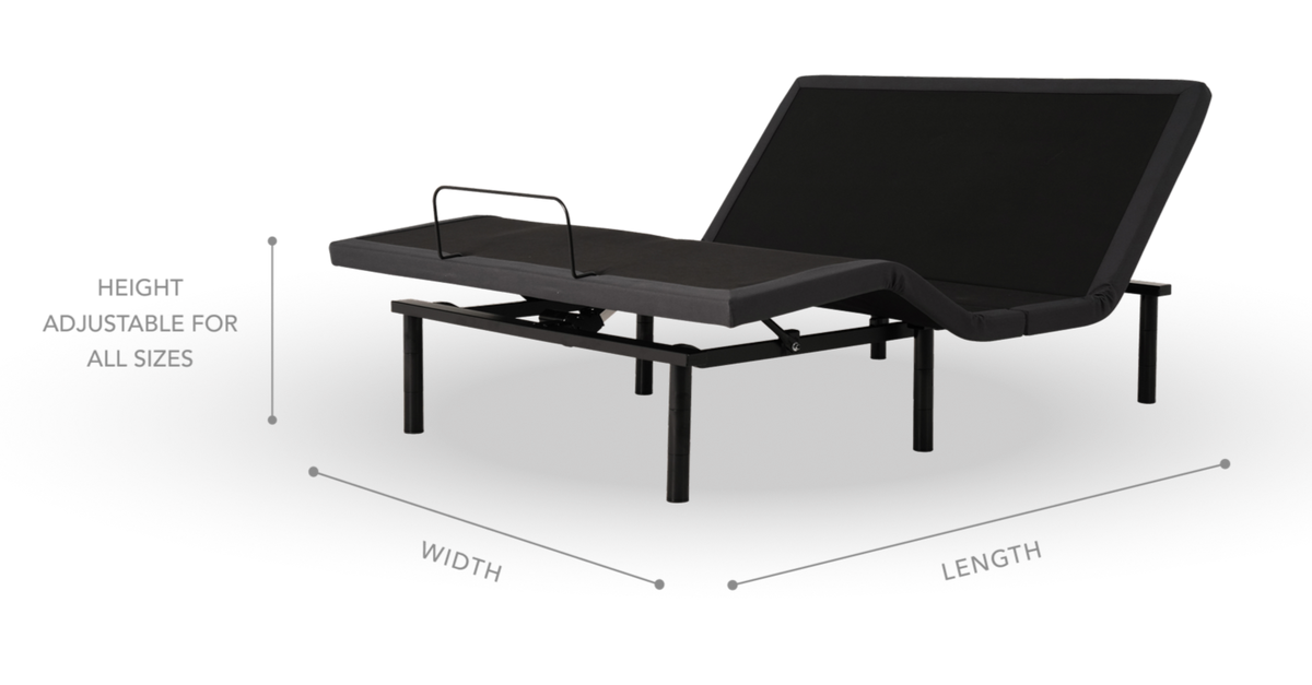 Cutaway image of an adjustable base with graphics that display width, length and height.
